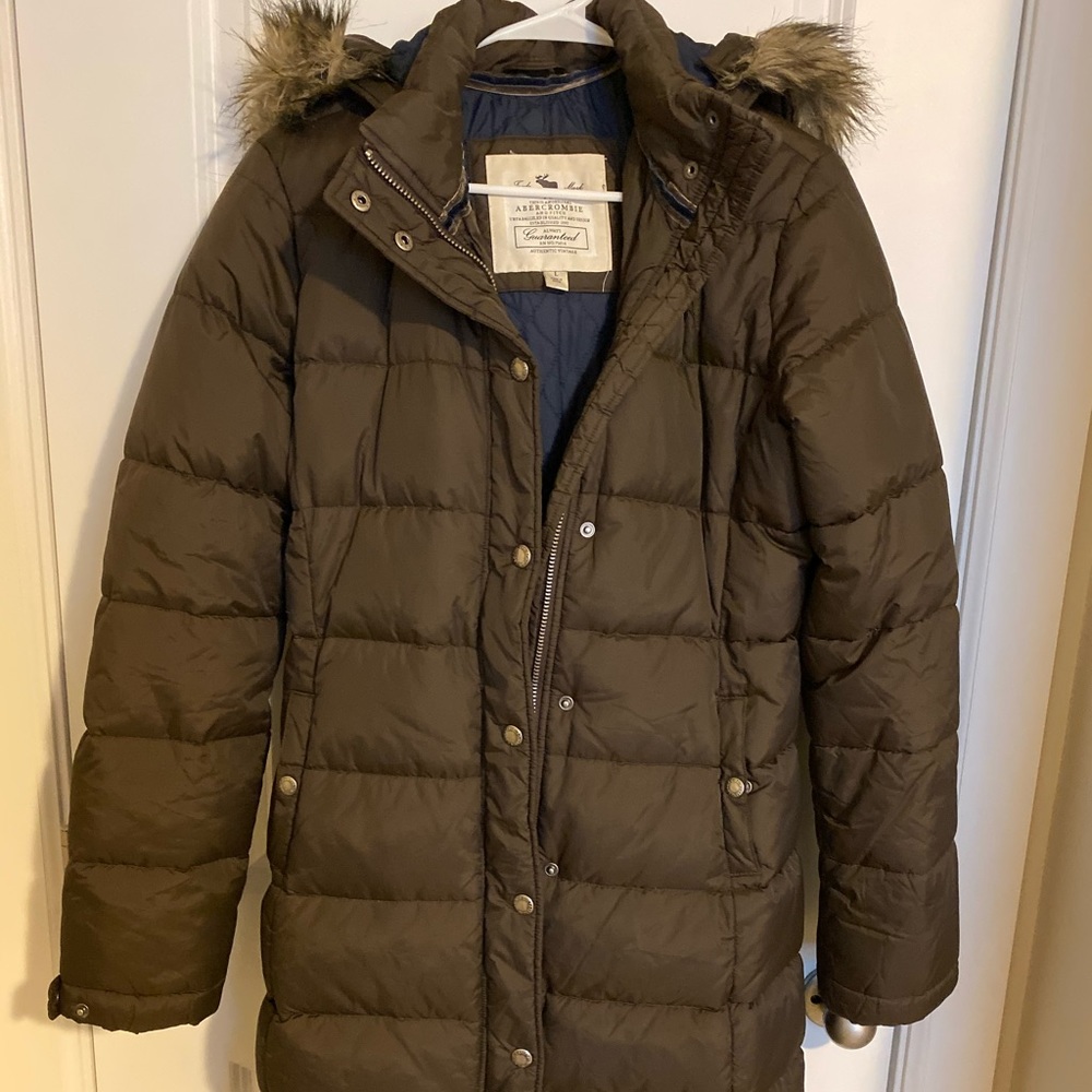 abercrombie & fitch long brown puffer coat